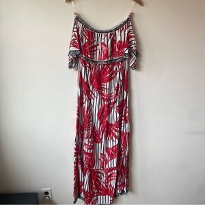 Flying tomato boho red black floral tropical pattern off shoulder dress